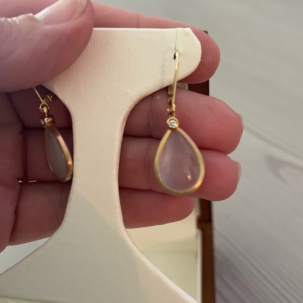 14K Yellow Gold, moonstone and diamond drop earrings~New~
